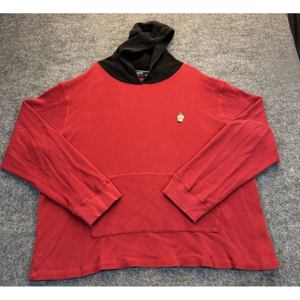 Polo Bear Ralph Lauren Men's Size XXL Red Black Thermal Hoodie Waffle